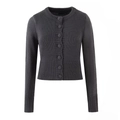 Detailed view of dark gray knit cardigan featuring fine ribbing and button-up front closure - S / Cardigan Top / Dark Gray
