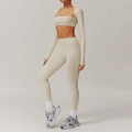 Three-piece cream yoga set with zip-up shrug, sports bra and high-waist leggings - S / Top And Bottom / Oat Apricot
