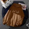 Brown fleece hoodie featuring a white heartbeat and heart print with drawstring hood - S / Tops / Coffee