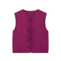Close-up of plum knit vest featuring V-neck and three front ribbon bow closures - S / Purple