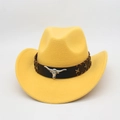 Detail of yellow wool fedora featuring a silver bull head emblem and leather band - Yellow