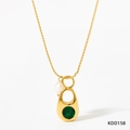 Golden pull ring necklace with green zircon pendant and pearl accent on a link chain - Gold Necklace - Green Zircon (KDD158)