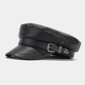 British style black faux leather newsboy cap with vintage silver buckle detail - M (56-58cm) / Black