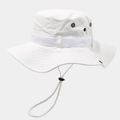 Detail of white wide-brim boonie hat with metal eyelets and adjustable chin strap - White