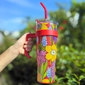 40oz insulated stainless steel travel mug with red floral pattern and matching straw - 1250ml / Red with 5D Flowers