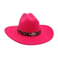 Fuchsia wide-brim felt fedora hat featuring a vintage metallic lion head emblem detail - Rose Red