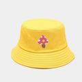 Close-up of pink mushroom embroidery on a bright yellow cotton bucket sun hat - M (56-58cm) / Cute Mushroom Yellow