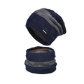 Set invernale berretto e sciarpa a maglia con strisce blu-grigio e fodera in pile - Blu Notte