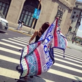 Ethnic bohemian style oversized summer shawl with floral print and fringe tassels - Dark Blue Geometric Style (37120)