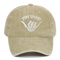 Detail of Stay Spooky embroidery and skeleton hand on khaki washed vintage baseball cap - Adjustable / Khaki