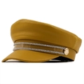Retro yellow PU leather newsboy cap with rhinestone band and gold button accents - Yellow