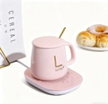 Pink ceramic mug warmer set with lucky motif, lid and golden spoon on heating base - Set (3-Speed/USB) / Pink