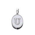 Oval stainless steel pendant with white shell inlay featuring the metal letter U - Steel Letter U