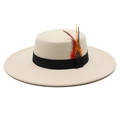 Cream felt flat top fedora with 9.5cm wide brim, black ribbon and natural feather accent - M (56-58cm) / Beige
