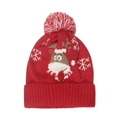 Rote Weihnachtsstrickmütze mit Rentier-Jacquardmuster und flauschigem Bommel oben - M (56-58cm) / Rotes Schneeflocken-Rentier-Modell (C)