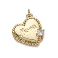 Macro di ciondolo a cuore in oro 18k con scritta Mama e pietra di zircone incastonata - Ciondolo a Cuore Mama Inciso con Bordo Perlato (YSN016-05)