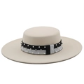 Elegant cream wool boater hat with pearl rhinestone ribbon and wide flat brim - M (56-58cm) / Beige