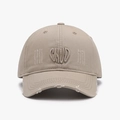 Distressed beige baseball cap with 3D letter embroidery and vintage torn brim accents - Beige