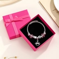 Silver crown charm bracelet with pink crystal beads in an elegant pink gift box - With Jewelry Box / Crown