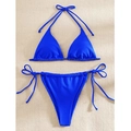 Flat lay of royal blue triangle bikini set with halter top and side-tie high-cut bottoms - S / Royal Blue