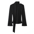 Elegant black satin long sleeve blouse with high neck and tie detail in a smooth finish - XS / Black