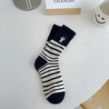 Navy blue and white striped crew socks with white rabbit embroidery details - One Size / Navy Blue and White Stripes