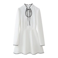 Elegant white long sleeve dress with black contrast trim and tie-neck details - XS / White