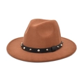 Caramel brown wool felt fedora hat with wide brim and studded leather belt buckle strap - M (56-58cm) / Khaki