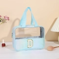 Borsa cosmetica olografica azzurra con parte superiore in PVC e toppa con lettera D - Lettera D / Azzurro