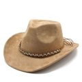 Western suede cowboy hat in khaki featuring an ethnic style woven beaded band - M (56-59cm) / Camel (Suede)