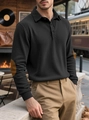Detail of black corduroy long sleeve polo shirt with brown elbow patches in vintage style - S / Black