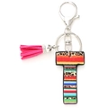 Rainbow and leopard print letter T keychain with pink tassel and metal lobster clasp - Letter T