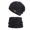 Winter-Strickmütze und Schal-Set mit dunkelblau-grauer karierter Textur für Paare - Marineblau
