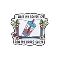 Coffee and books enamel pin featuring iced coffee, flowers and 'I Want My Coffee Icy' text - Iced Coffee And Books Style (QHXZ3101)