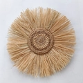 Bohemian round straw wall decoration with a natural woven spiral center and radial fringe - Natural Color Spiral Tassel Style (27cm)