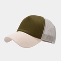 Detail of olive and beige trucker hat featuring breathable white mesh and clean seams - Army Green with Beige Brim / Adjustable