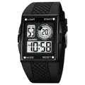 Schwarze quadratische digitale Sportuhr mit strukturiertem Gummiband und Dual-Zeit-Anzeige - Schwarzes Gehäuse Weißes Display