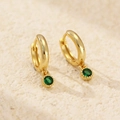 Gold huggie earrings featuring a round emerald green gemstone pendant and beaded edges - Gold (Green Zirconia)