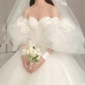 White bridal wedding dress with off-shoulder puff sleeves and long satin gloves - ST187 Mesh Puff Sleeves with Two Flowers