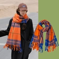 Rainbow plaid scarf in orange and blue with fringe detail, cozy winter shawl wrap - Orange Blue Plaid
