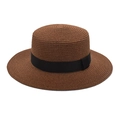 Detailed weave of dark brown boater straw hat with elegant black grosgrain ribbon band - M (56-58cm) / Coffee