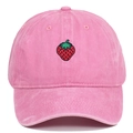 Pink washed cotton baseball cap featuring cute strawberry embroidery for outdoor leisure - Adjustable / Pink
