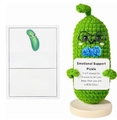 Detailed knit texture of a handmade green crochet pickle doll with motivational card - Gentleman Cucumber + Card + Base