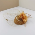 Elegant yellow fascinator hat with pearls, silk flowers and vintage polka dot mesh veil - One Size / Camel