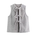 Women's stylish light grey faux fur vest featuring three front tie bows in a minimalist layout - S / Light Gray