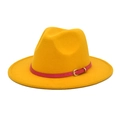 Close-up of wool fedora hat featuring a pink leather band and gold metal buckle detail - M(56-58cm) / Yellow