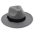 Detail shot of the vintage gray felt fedora showing the black satin ribbon and bow - Light Gray