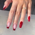 Classic deep red press-on nails in mid-length square shape with French tip design - Yellow Jelly Glue Style