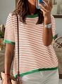 Detail of orange and white striped knit sweater with green ribbed neckline and cuffs - S / Rust Red Short Sleeve