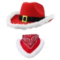Sombrero de vaquero navideño rojo con ribete de piel blanca y bufanda de cachemira - Set 1 (Borde de Piel Clásico Rojo y Blanco)